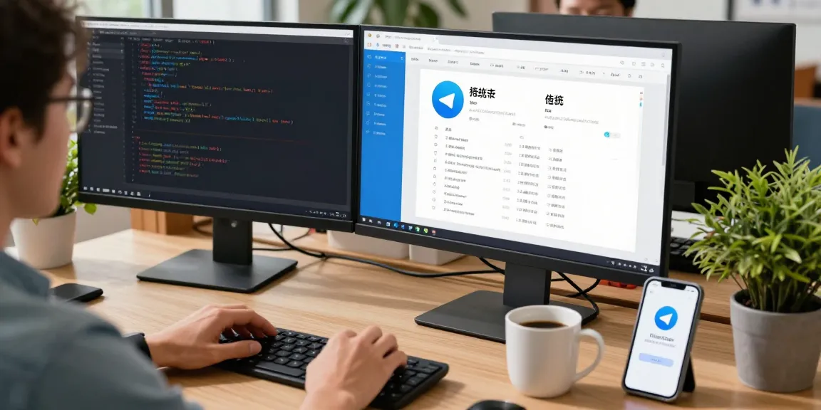 Adjusting Telegram Chinese language settings in a modern tech workspace with dual monitors.