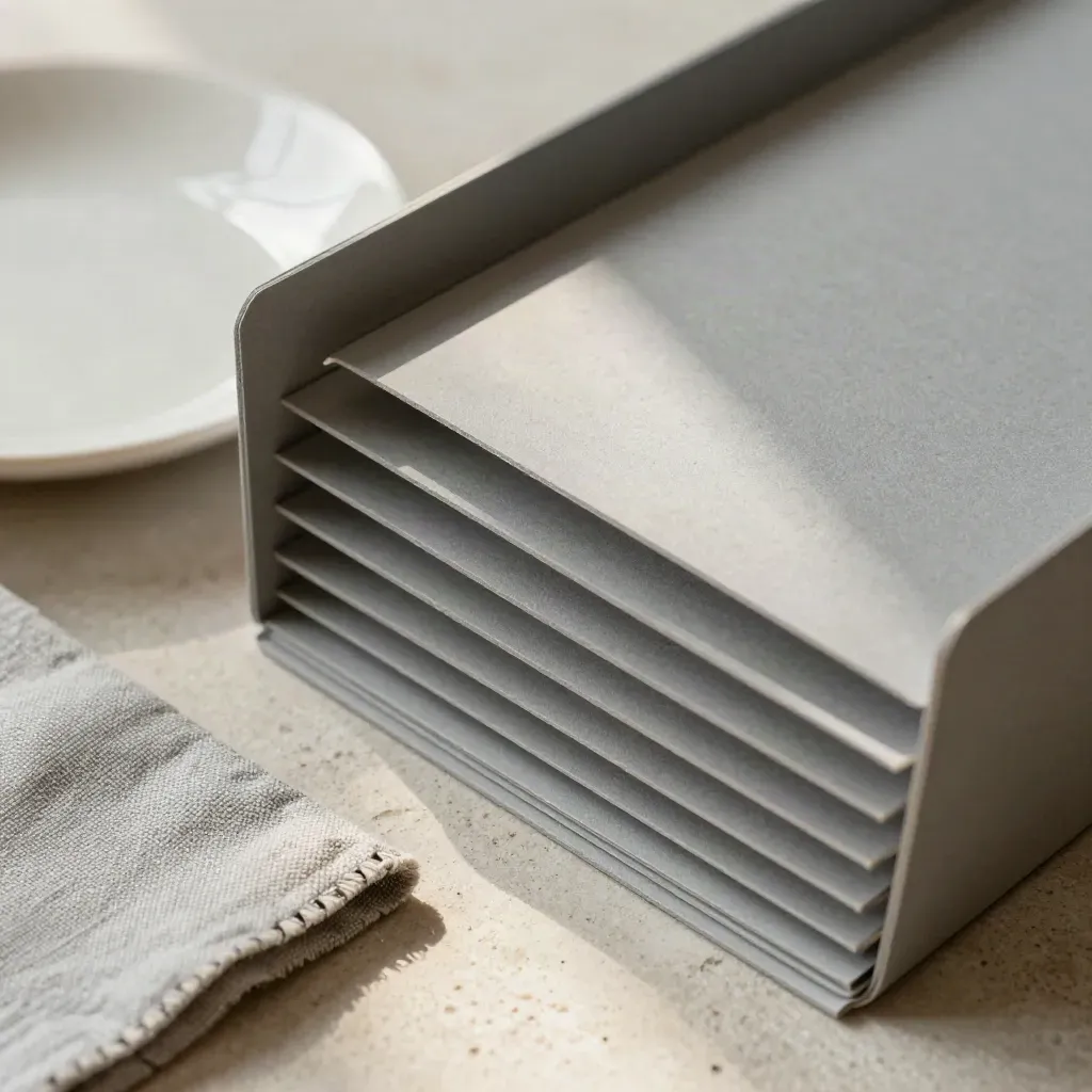 Grey folder with stepped tabs, ceramic disk, and folded linen on pale stone.