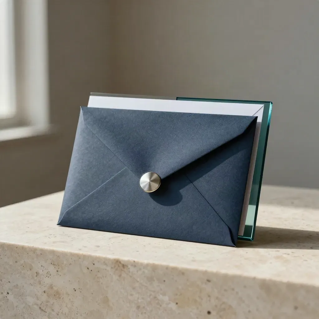 Slate mortgage switch folio with envelope and clip on travertine, softly lit in a quiet advisory studio.