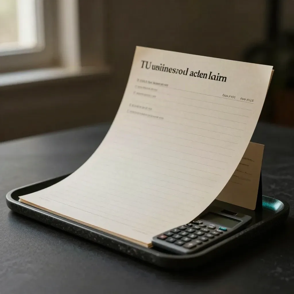 Basalt tray with blank rate sheets and a clipped calculator in dim teal-rim light