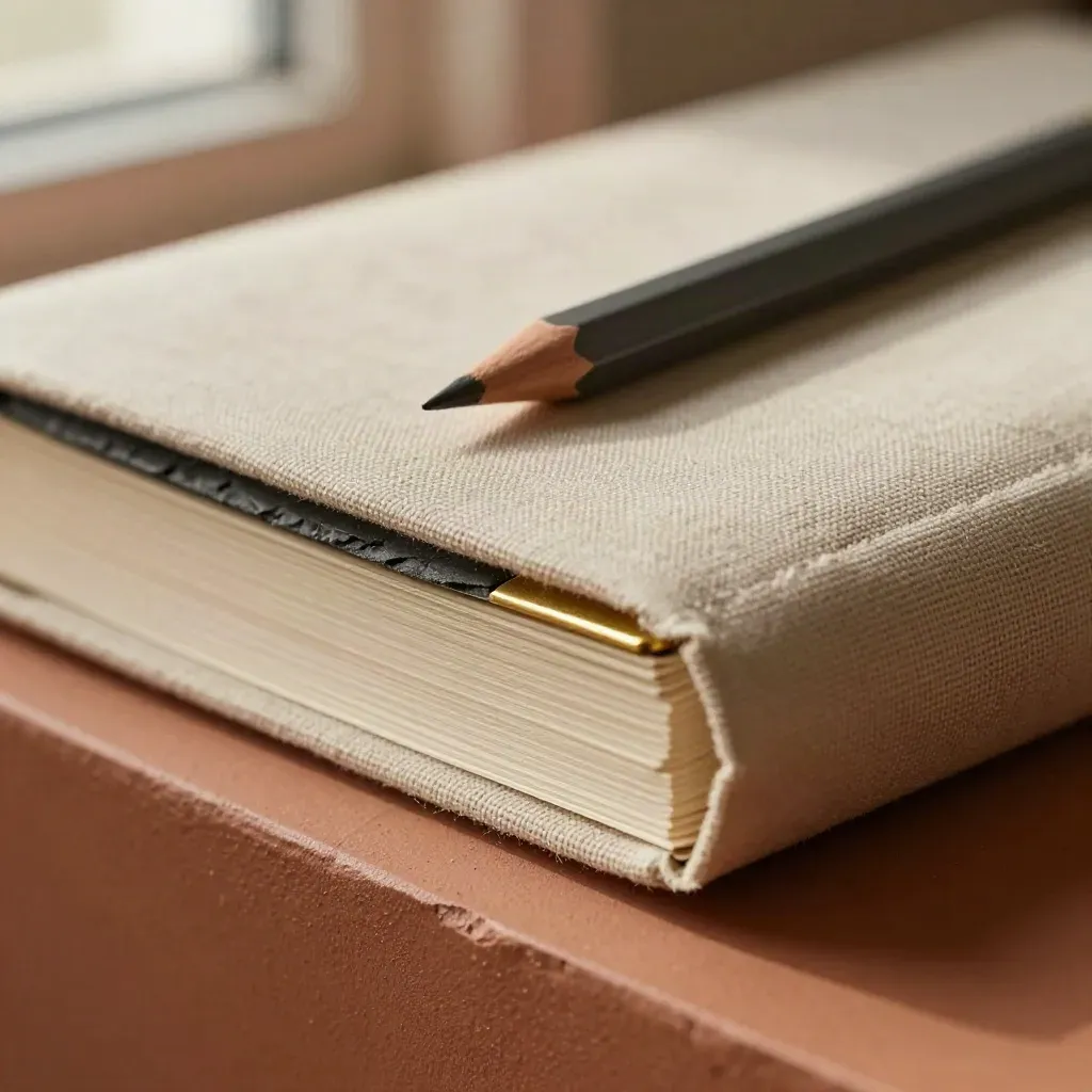 Macro folio edge in linen with brass clip and pencil under raking light.