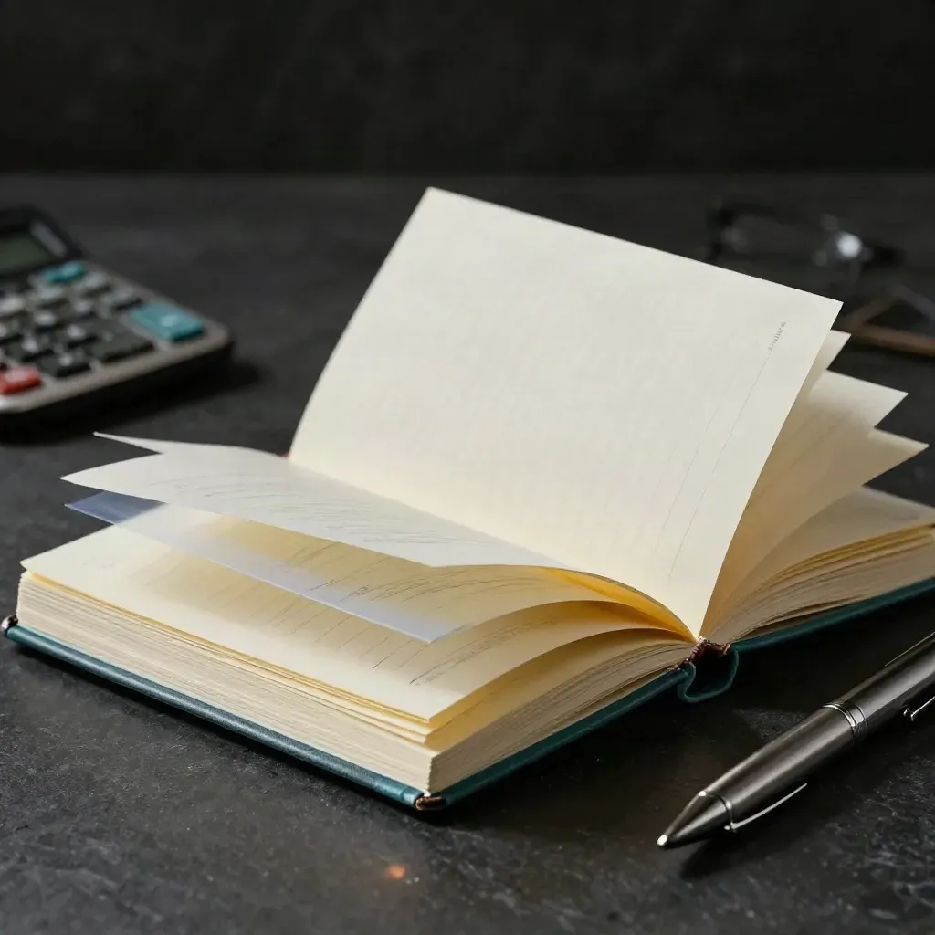 Low-angle notebook with turning page, divider and pen on dark stone.